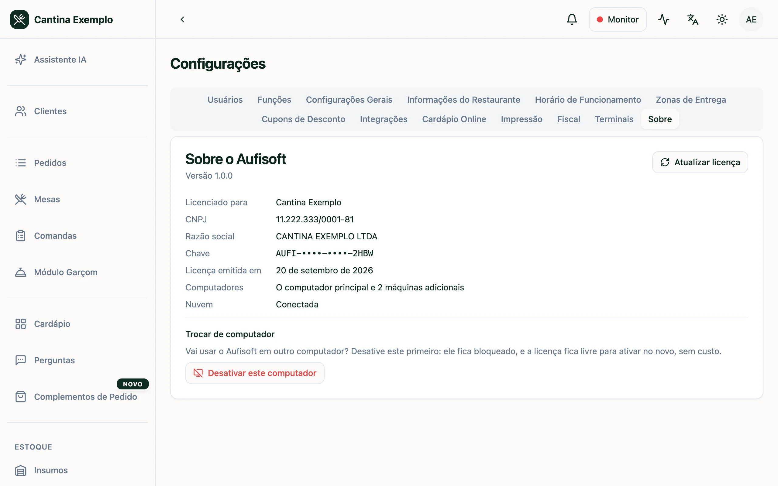 A aba Sobre do Aufisoft, com o botão Desativar este computador