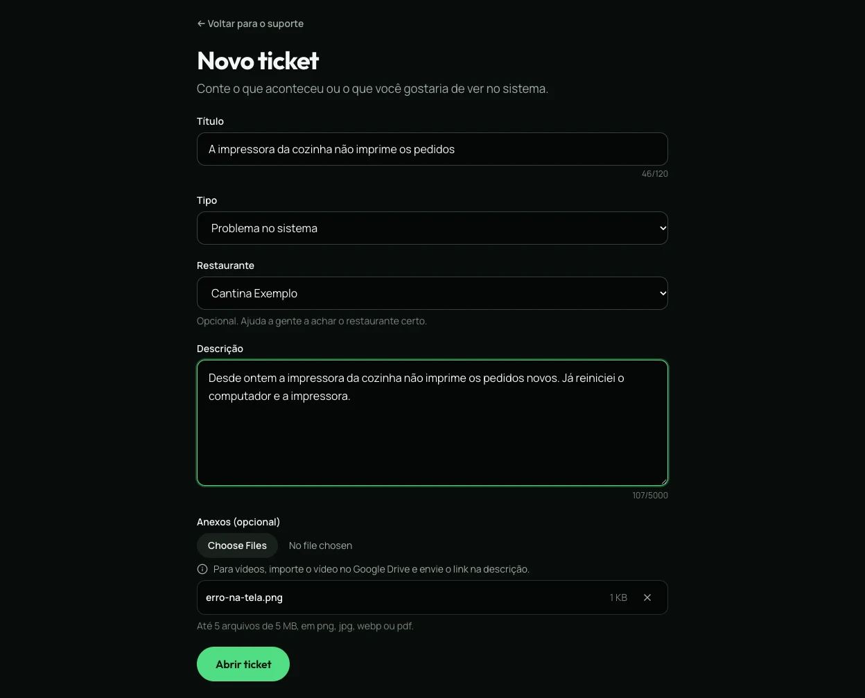 O formulário Novo ticket preenchido, com título, tipo, restaurante, descrição e um anexo