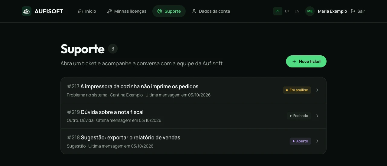 A lista de tickets da conta, com o botão Novo ticket e os status Aberto, Em análise e Fechado