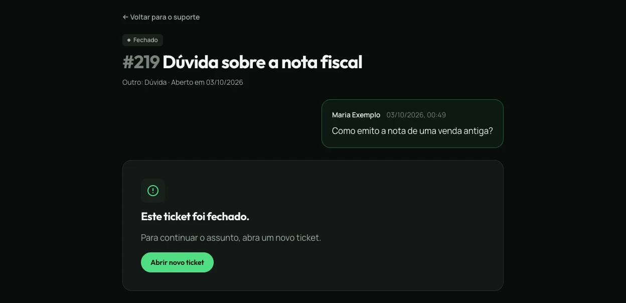 Um ticket fechado, com o aviso Este ticket foi fechado e o botão Abrir novo ticket