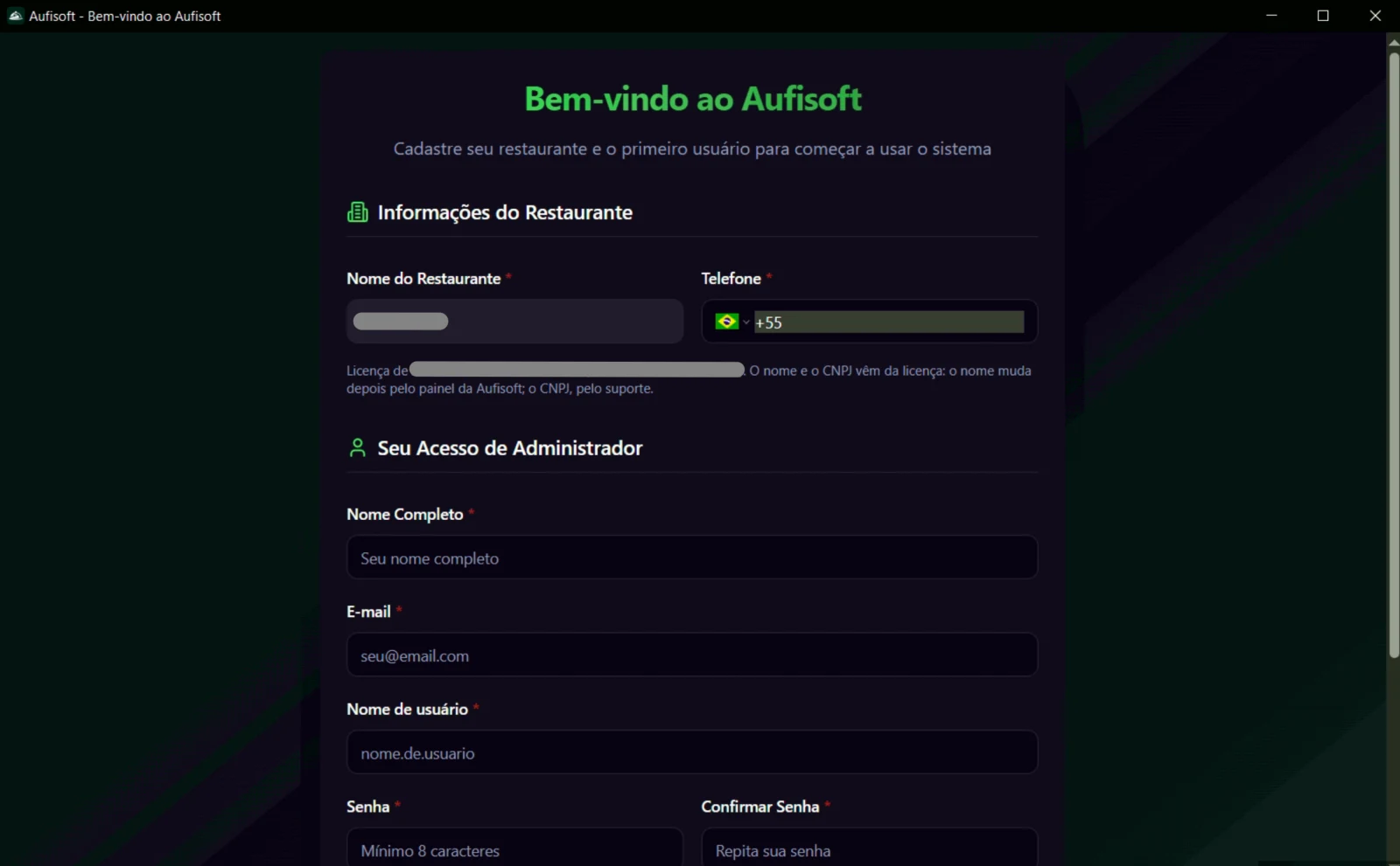 A tela Bem-vindo ao Aufisoft, com as Informações do Restaurante e o começo do acesso de administrador