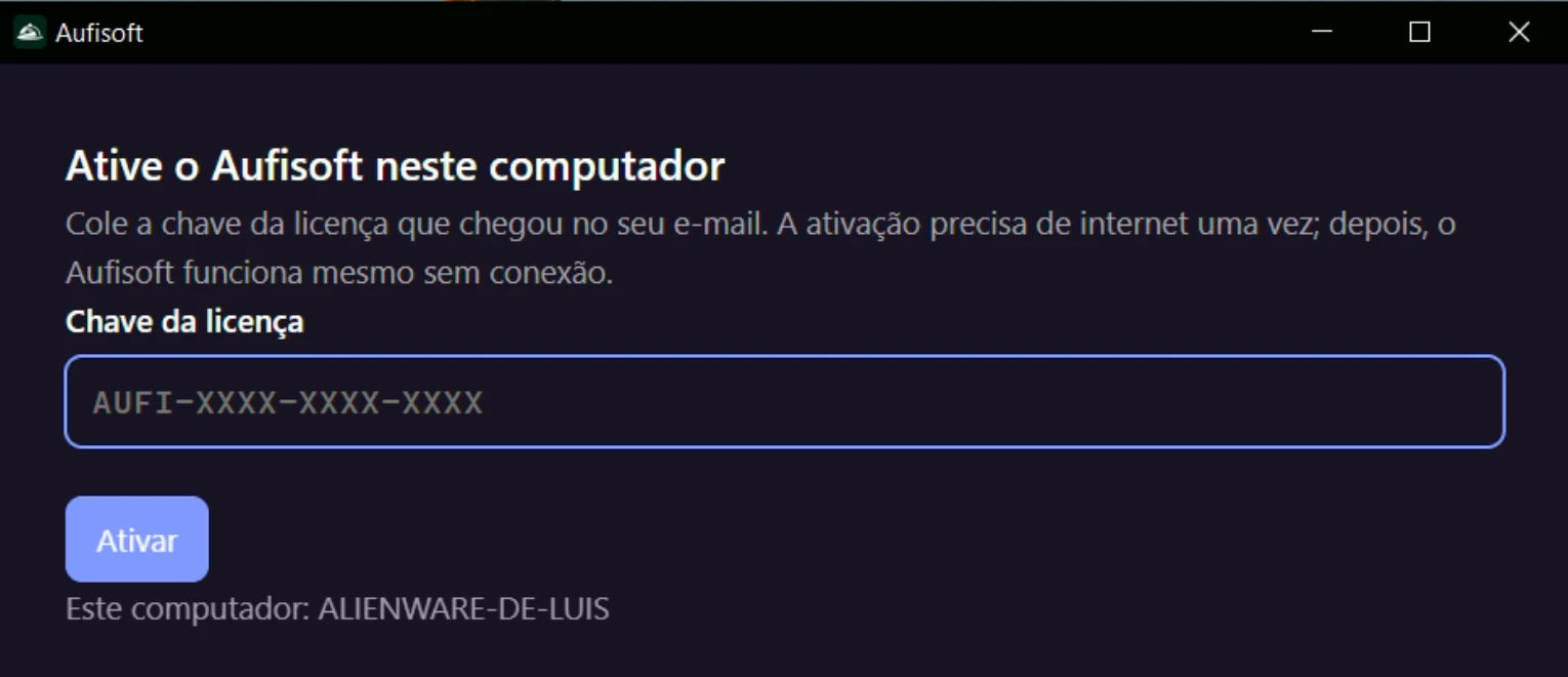 A tela Ative o Aufisoft neste computador, com o campo Chave da licença vazio
