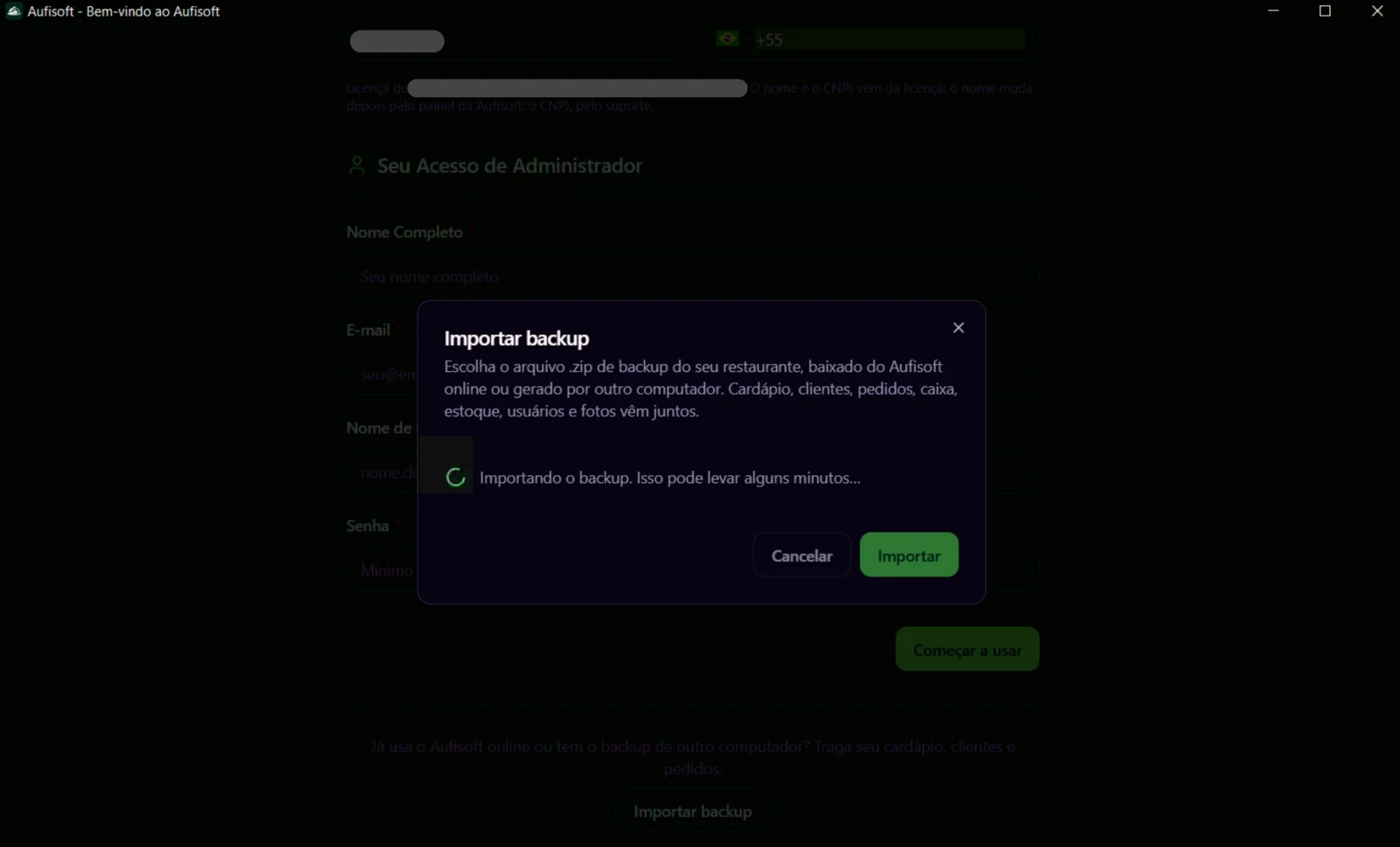 A janela Importar backup com a mensagem Importando o backup