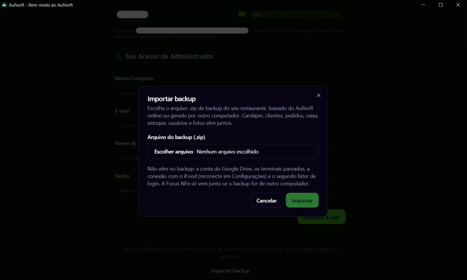 A janela Importar backup, com o campo Arquivo do backup e os botões Cancelar e Importar