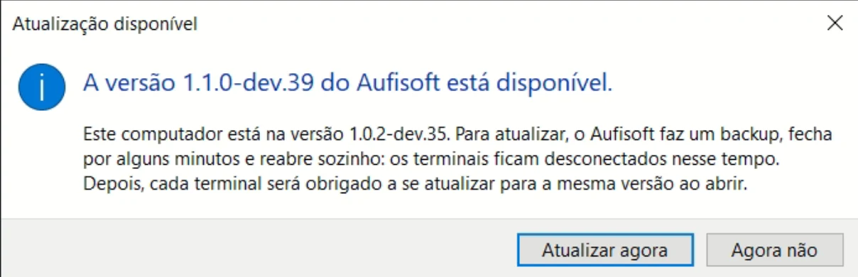O aviso Atualização disponível, com os botões Atualizar agora e Agora não