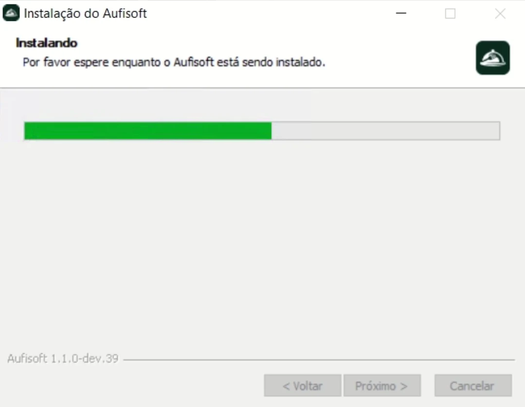 A janela Instalação do Aufisoft com a barra de progresso