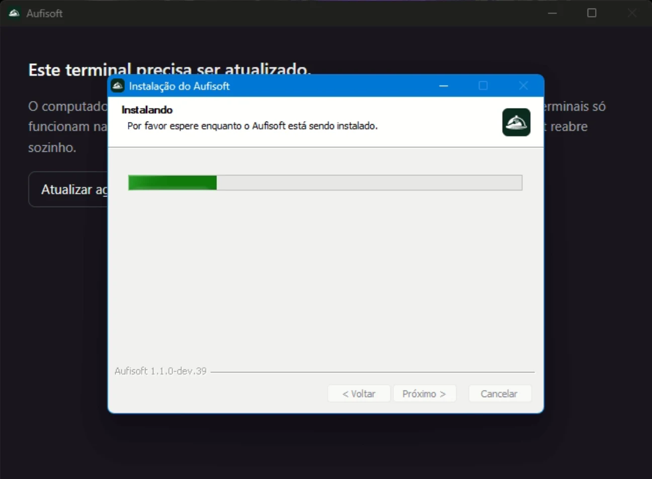 A janela Instalação do Aufisoft sobre a tela do terminal