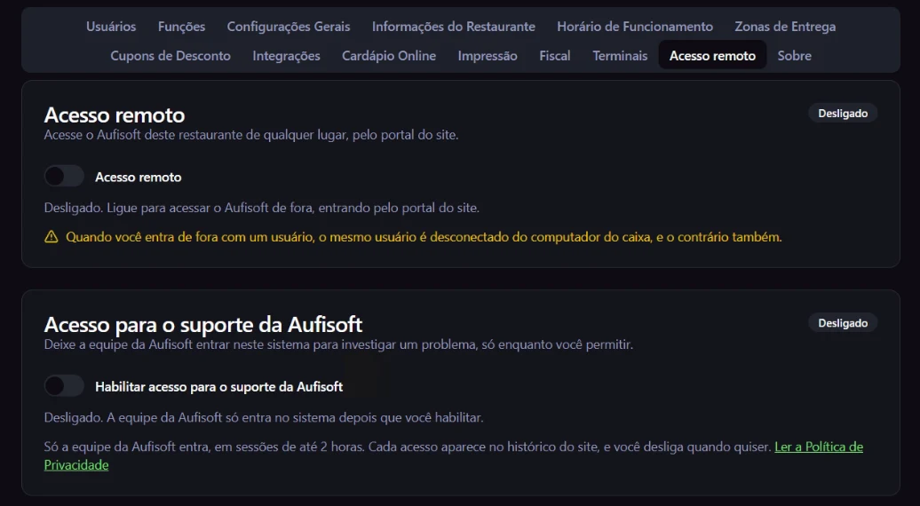 A aba Acesso remoto das Configurações, com o cartão Acesso para o suporte da Aufisoft desligado