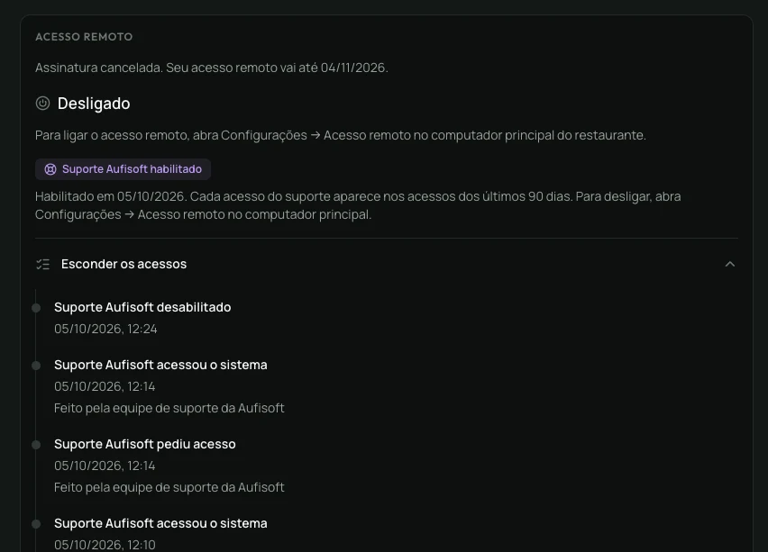 O bloco Acesso remoto da licença, com o selo Suporte Aufisoft habilitado e o histórico de acessos
