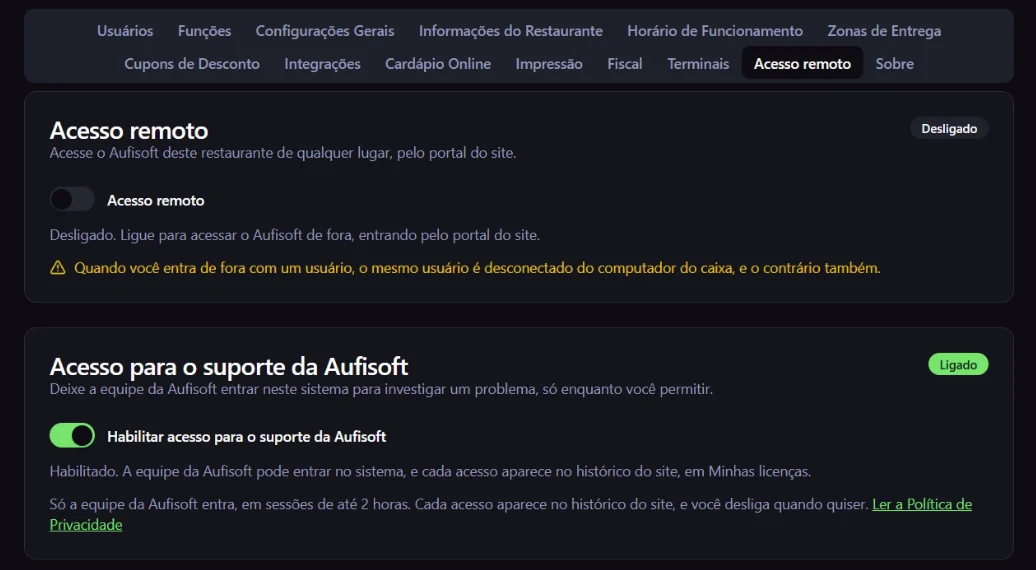 O cartão Acesso para o suporte da Aufisoft ligado, com o selo Ligado