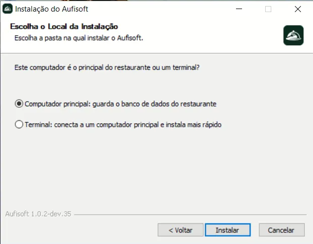 A escolha entre Computador principal e Terminal, com o botão Instalar