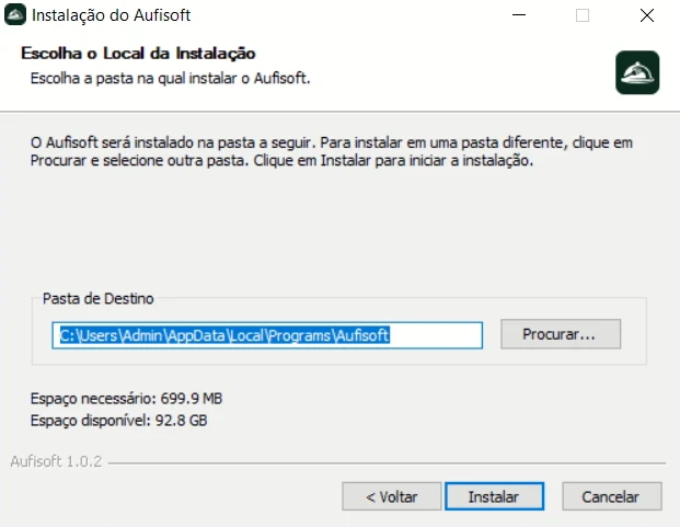 A escolha da pasta de instalação