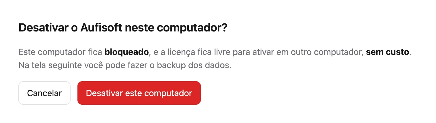 A confirmação: Desativar o Aufisoft neste computador?