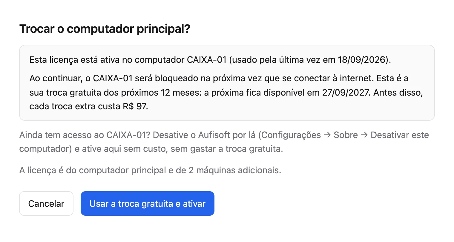 A tela Trocar o computador principal?, com a substituição disponível