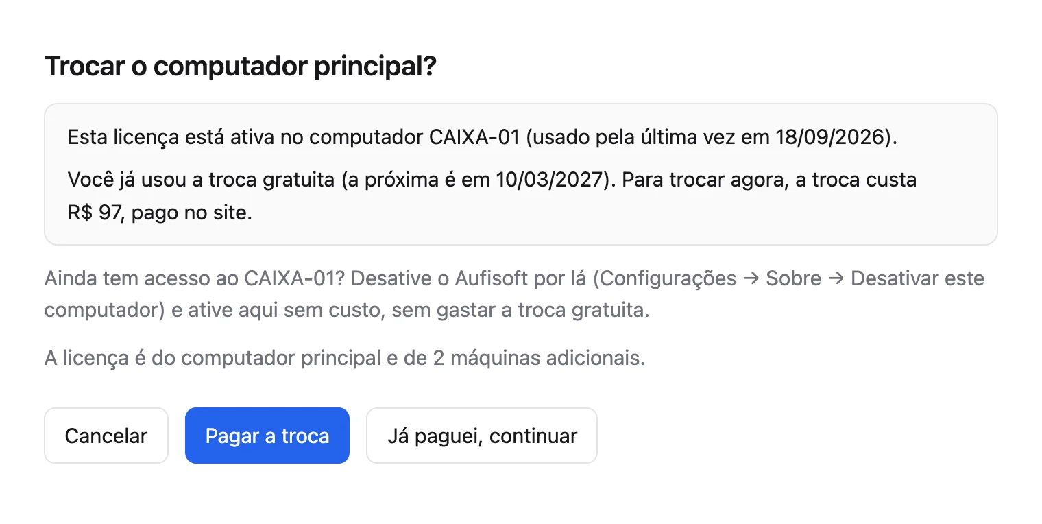 A tela Trocar o computador principal?, com os botões Pagar a troca e Já paguei, continuar