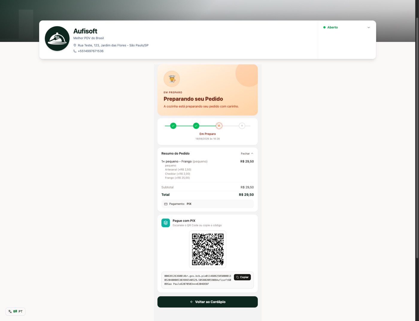 Página de acompanhamento do pedido com linha do tempo de status e resumo