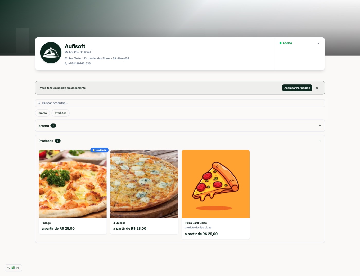 Cardápio online da Aufisoft na visão do cliente, com capa, categorias e produtos