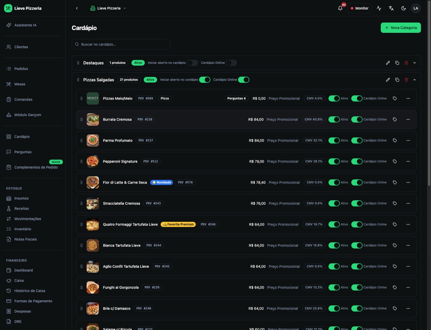 Catálogo de uma pizzaria no Aufisoft, com as perguntas configuradas em cada produto